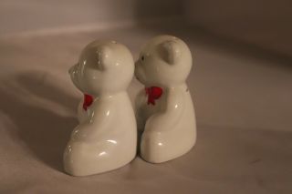 Vintage Salt And Pepper Shakers Teddy Bear White Porcelain Red Bow Set 2