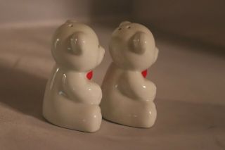 Vintage Salt And Pepper Shakers Teddy Bear White Porcelain Red Bow Set 3