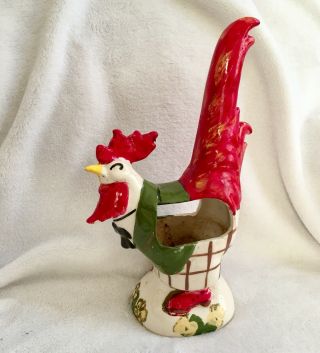 Vintage Ceramic Rooster Folk Art 1940s Pottery Ivy Planter 9 Inch Red Green Fun