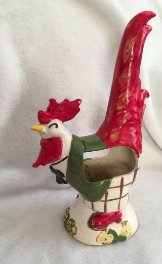 Vintage Ceramic Rooster Folk Art 1940s Pottery Ivy Planter 9 Inch Red Green Fun 3