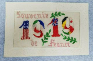 Antique 1919 Embroidered Postcard France Souvenir Ww1 Silk Flags Embossed