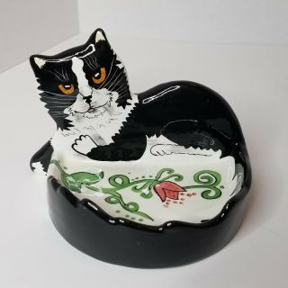 Cats By Nina (lyman) Black White Tuxedo Trivet Soap Dish Pin Tray Hand - Painted