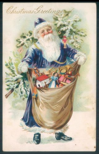 Antique Santa Postcard C1900 Blue Hat And Coat Bag Of Toys Snowy Christmas Tree
