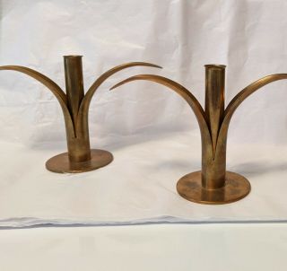 Mcm Pair Brass Lily Candle Holder Marked " Konst " Sweden With Flower Holder Insert