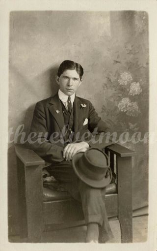 Vintage Male - Rppc Portrait Of A Handsome Young Man In Suit With Hat In Studio