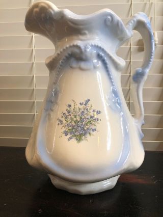Vintage Ivory Ceramic Blue Violet Flowers Pitcher Gloss Finish Victorian