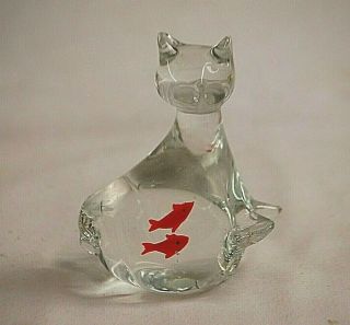 Solid Art Glass Kitty Cat Kitten W Two Red Fish In Belly Figure Desk Paperweight