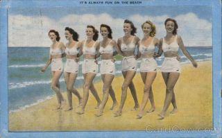 Swimsuit/pinup 1948 Seven Women Walking On Beach Kropp Linen Postcard 1c Stamp