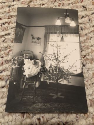 Azo Rppc Postcard - - Christmas - - Interior View Early Christmas Tree Baby High Chair