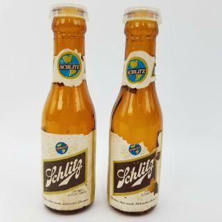 Vtg 1976 Schlitz Beer Amber Glass Bottles Miniature Salt & Pepper Shakers Set