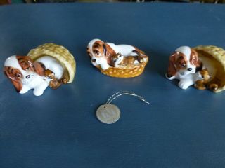 Bassett Hound And Racoon In A Basket Napcoware Bone China Mini Figurine Set Of 3