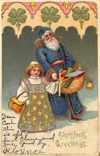 Blue Suited Santa Claus Carrying Basket With Young Girl 1909 Embossed Postcard