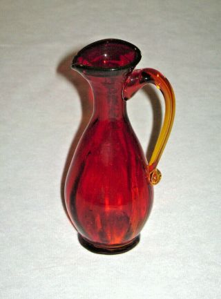 Vintage Hand Blown Amberina Art Glass Ewer Pitcher / Bud Vase Ruby Red & Amber