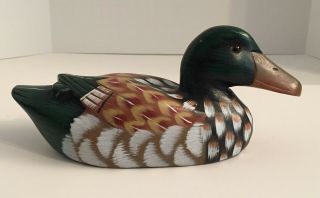 Vintage 8 Inch Decorative Solid Wood Duck Decoy Hand Painted Glass Eyes