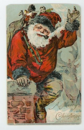 Antique Vintage Christmas Postcard Santa Claus On Chimney With Toy Sack