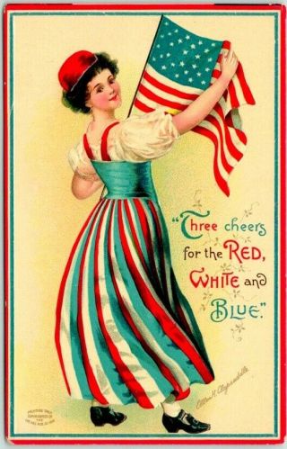 1910s Artist - Signed Clapsaddle 4th Of July Postcard " 3 Cheers… " U.  S.  Flag