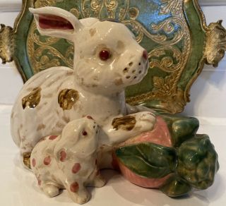 Vintage Glazed Ceramic Pottery Sculpture,  Rabbit And Baby Bunny W/ Carrot