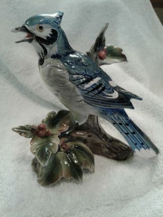 Vintage Blue Jay Bird Hand Painted Pottery 7 " Figurine By Jsc 129