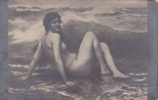 1910s Bugero Nude Young Woman Mermaid Waves Risque Nymph French Antique Postcard