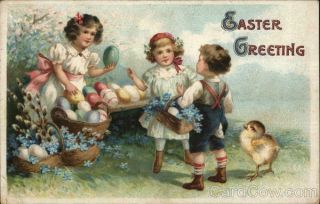 Easter Children 1911 Easter Greeting With Children,  Chick,  And Eggs Postcard