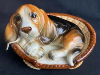 Vintage Beagle Or Basset Hound Dog In A Basket Ceramic Figurine Made In Japan