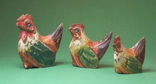 Vintage Rustic Folk Art Hand Carved Wooden Primitive Chickens Set Of 3
