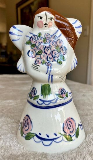 Angel Girl Holding Flowers Figurine Bell Blue/white Glazed Ceramic Pottery