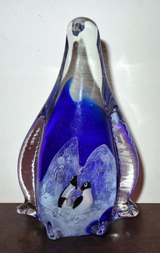 Murano Italy Art Glass Penguin With Baby Penguins Paperweight 61/2 " Tall Diorama