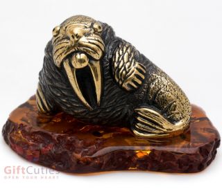 Solid Brass Amber Walrus Figurine Ironwork