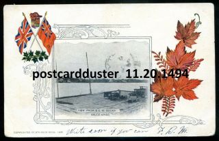 1494 - Bruce Mines Ontario Postcard 1906 View From Docks.  Patriotic Maple Leaf