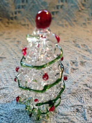 Nos Hand Blown Clear Spun Glass Tree With Green Garland And Red Ornaments