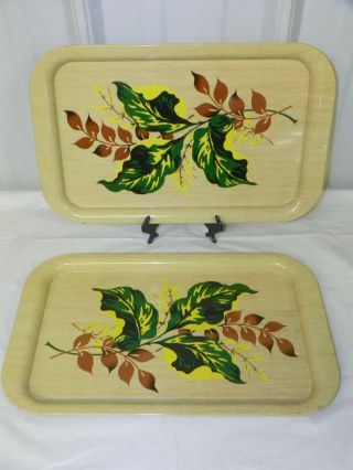 Set Of 2 Vintage Metal Green Yellow Brown Leaf Leaves Wood Grain Lap Tv Trays