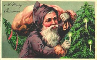 1907 Embossed Purple Robed Santa Claus With Toys Bag & Christmas Tree Postcard