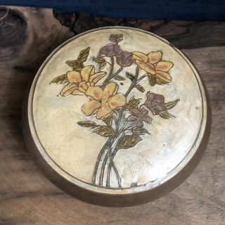 Vintage Brass Bowl With Enamel / Cloisonne Lid Floral Design