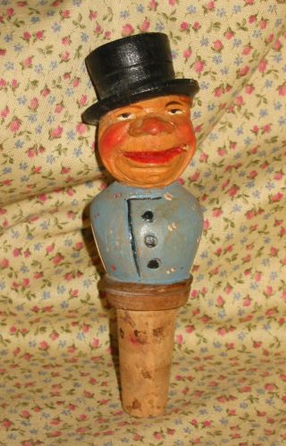 Vintage Anri Carved Wood Bottle Cork Stopper Smiling Fat Man Top Hat Barware
