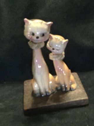Rare Midcentury Vintage Long Neck Cat Ceramic Figurines On Wood Base