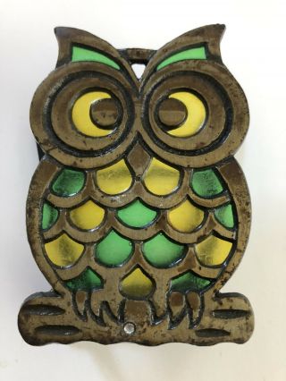 Vintage Owl Stained Glass Napkin Letter Recipe Mail Holder Mcm Heavy Cast Iron