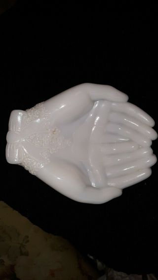 Avon Milk Glass Open Hand Soap Dish Trinkets Footed Mexico