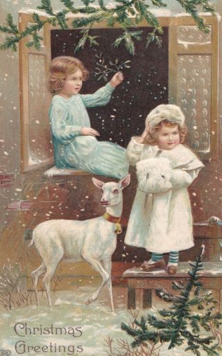 Two Little Girls By Window With A White A Deer In Snow.  Emb.  Litho