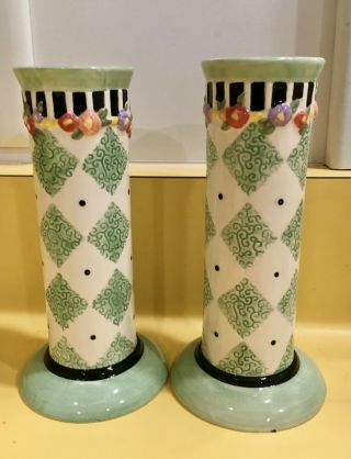 Vintage 1999 Pair Mary Engelbreit Candlesticks Candle Holders Green White Black