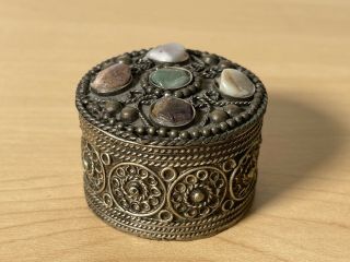 Trinket Box Silver Toned Metal With Semi - Precious Stones Vintage