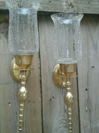 Set Of Two Vintage Solid Brass Sconce W/crackle Glass Chimney,  15 " Tall
