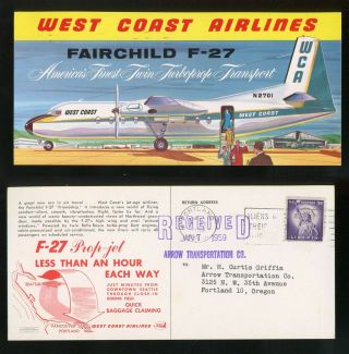 1959 West Coast Airlines Color Postcard Fairchild F - 27 Turboprop Illustration