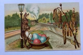 Antique Postcard Easter Humanized Rabbit Steam Train Germany Embossed Unposted