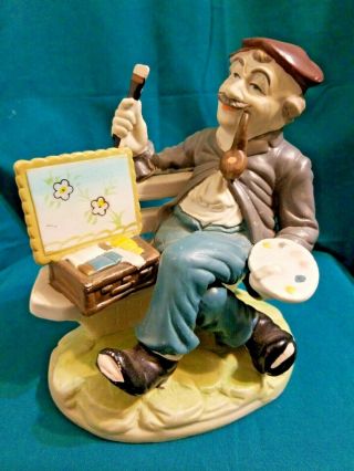 Porcelain Old Man W/tobacco Pipe Sitting On Bench With Brush Painting