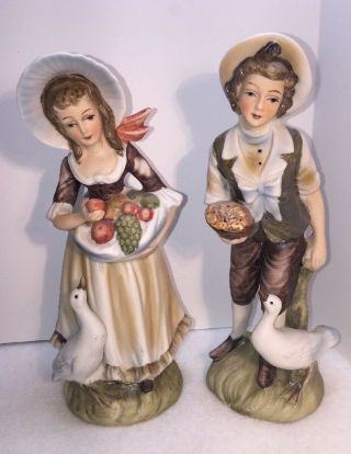Set Of 2 Vintage Lefton Bisque Porcelain Boy & Girl With Geese Figurine 6988