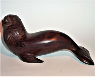 Old Sea Lion Seal Hand Carved Ironwood Art Sculpture Statue Figurine Vintage Vg