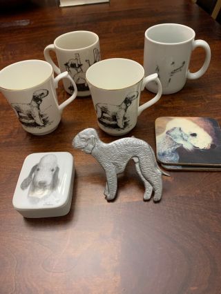 Bedlington Terrier Collectibles,  Mugs,  Pin,  Ceramic Dish & Shot Glass