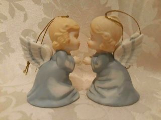 Set Of 2 Two Vintage Morehead Female Girl Kissing Angel Porcelain Bell Ornaments