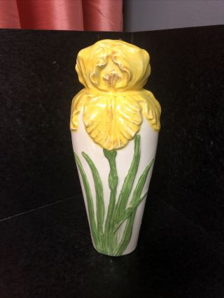 Vintage Yellow Gladiolus Green Leafs Ceramic Hand Painted Made In Japan Vase